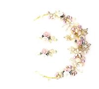 XIGAWAY Juego de accesorios para el cabello de novia, diadema floral de cerámica hecha a mano con aretes de perlas (estilo corona), S, cerámica, No es una piedra preciosa