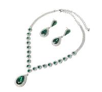 XIGAWAY Juego de collar y aretes de cristal de lágrima para mujer, azul/rojo/negro/verde/blanco/rosa, joyería de piedras preciosas con cadena de eslabones de bambú, S, Metal, No es una piedra preciosa