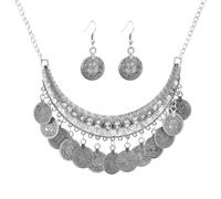 XIGAWAY Juego de collar y aretes de moneda vintage, juego de joyas de aleación de oro antiguo y plata para mujer, S, Metal, No es una piedra preciosa
