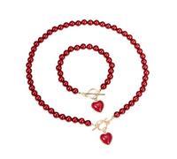 XIGAWAY Juego de collar y pulsera de perlas de corazón para mujer, juego de joyas de perlas sintéticas, juego de regalo a juego rojo y blanco, One Size, Perla de imitación, No es una piedra preciosa