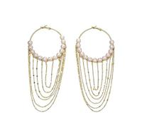 XIGAWAY Pendientes de aro de perlas para mujer, perlas de agua dulce de 4 a 5 mm con borla geométrica chapada en oro y plata, elegantes aretes colgantes de moda OL para uso diario, S, Perla, Sin