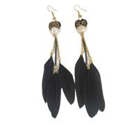 XIGAWAY Pendientes de borla de plumas, aretes de gota bohemios de 16 cm de largo, aretes colgantes de aleación negra para mujer, joyería inspirada en la naturaleza de 14,2 g