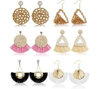XIGAWAY Pendientes de madera geométricos retro atrevidos para vacaciones en la playa, aretes hexagonales de ratán bohemio con borlas, más de 20 estilos (multicolor y juegos), talla única, Acero