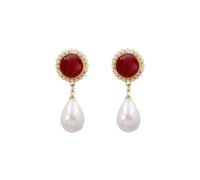 XIGAWAY Pendientes de perlas ovaladas estilo vintage de Hong Kong para mujer, colgante rojo y blanco, 3,6 x 1,5 cm, postes de plata 925, regalo de joyería elegante para la oficina, Pequeño, Metal, Sin