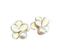 XIGAWAY Pendientes de tuerca de perlas de flor blanca para mujer, aretes de lirio esmaltado, tulipán, camelia, loto, 2 cm, acero inoxidable, regalo de joyería