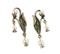XIGAWAY Pendientes huecos de perlas de hoja verde esmaltada para mujer, diseño floral de bronce antiguo, 5 x 2 cm, regalo de joyería vintage