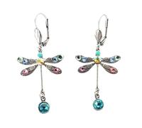 XIGAWAY Pendientes largos de libélula - Pendientes de gota geométricos de plata antigua con circonita colorida, 5 x 3 cm, aretes colgantes ligeros para mujer, listos para regalo