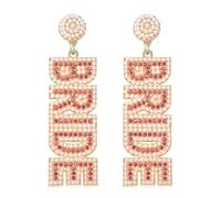 XIGAWAY Pendientes largos y elegantes con colgante de letra de diamantes de imitación y perlas de colores para mujer, aretes de declaración de aleación geométrica - rosa, rojo, beige (10 cm) | Moda