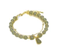 XIGAWAY Pulsera de calabaza de doble capa, cuentas de cristal hechas a mano de estilo chino con personaje de la suerte, pulsera ajustable bohemia verde para mujer, regalo cultural
