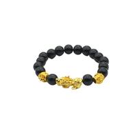 XIGAWAY Pulsera Pi Yao para hombres y mujeres, cuentas de obsidiana negra con dije Pixiu chapado en oro, pulsera budista ajustable de 10 mm/12 mm/14 mm, regalo de joyería china de Feng Shui, talla