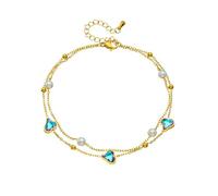 XIGAWAY Tobillera geométrica para mujer, cadena de pie de cristal de doble capa y perla con dije de corazón