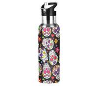 Xigua Botella de agua de ascenso de 600 ml con tapa de paja a prueba de fugas, diseño de calavera de azúcar de acero inoxidable al vacío, taza de aislamiento portátil para deportes de viaje y café