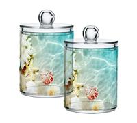 xigua Starfish Seashell Beach Qtip Holder con tapa, paquete de 2 tarros de boticario de plástico transparente, contenedores de almacenamiento para hisopo de algodón, bola de algodón, púas de hilo
