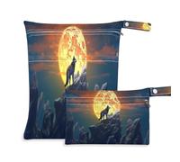 xigua Wolves Under The Moonlight - Bolsa para pañales húmedos, 2 unidades, bolsas reutilizables para productos húmedos, impermeables, lavables, para colgar, grandes, dos bolsillos con cremallera para