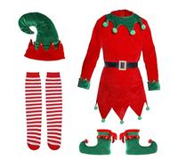 XIHIRCD Conjuntos de Disfraz Elfo Navideño, Divertido Traje De Cosplay con Gorro De Elfo, Calcetines Largos A Rayas, Zapatos De Campana, para Niños Niñas Mujeres Favores De Fiesta (12-14 Años)