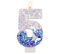 XIHIRCD Velas de Números de Cumpleaños, 7,3 cm Vela de Mariposa Púrpura Velas de Números con Purpurina Decoraciones de Pastel Púrpura Velas de Números Lindas de Feliz Cumpleaños (Número 5)