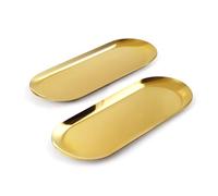 XIKAYA Bandeja de Plato Dorado, 2 Piezas Bandeja de Almacenamiento Ovalada de Acero Inoxidable, Plato Organizador de Cosméticos, Bandeja para Postre, Joyas, Velas- 30 x 12 cm