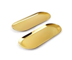 XIKAYA Bandeja de Plato Dorado, 2 Piezas Bandeja de Almacenamiento Ovalada de Acero Inoxidable, Plato Organizador de Cosméticos, Bandeja para Postre, Joyas, Velas- 30 x 12 cm