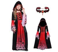 XiLayNeen Disfraz Halloween Vampiro Niña,Disfraz de Bruja Reina Vampire,Vestido Gótico Vampiro con Collar,Vestido de Bruja Medieval para Halloween Carnaval Fiesta