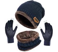 XILEPINGAN Conjunto Gorro Bufanda Guantes Táctiles para unisex, Set de Bufanda y Guantes Invierno, Conjunto Bufand y Gorro y Guanes, con forro polar (Azul)