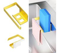 XILIMOR Soporte Estropajo Fregadero, 2 en 1 Porta Estropajos Fregadero, Autoadhesivo Porta Esponja Organizador de Cocina, Acero Inoxidable Soporte para paños de Cocina, Dorado