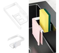 XILIMOR Soporte Estropajo Fregadero, 2 en 1 Porta Estropajos Fregadero, Autoadhesivo Porta Esponja Organizador de Cocina, Acero Inoxidable Soporte para paños de Cocina, Blanco