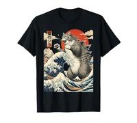 Xilografia Estilo Gato Great Wave de Neko no Jira Catzilla Kaiju Camiseta