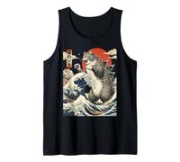 Xilografia Estilo Gato Great Wave de Neko no Jira Catzilla Kaiju Camiseta sin Mangas