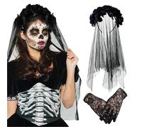 XIMEY Diadema Día de los Muertos, Diadema Catrina Mujer, Diadema Halloween Mujer, Velo Novia Cadaver, Velo Negro Halloween, Velo de Novia Negro, Accesorios Halloween Mujer (Negro)