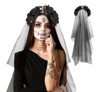 XIMEY Diadema Día de los Muertos, Diadema Catrina Mujer, Velo Novia Cadaver, Velo Negro Halloween, Velo de Novia Negro, Accesorios Halloween Mujer, Día de los Muertos
