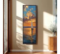 XINBAO Arte de velero al atardecer, paisaje marino vertical al atardecer, lienzo alto y estrecho con océano, decoración de cielo naranja, impresión de pintura de navegación (50x150cm/marco interior)