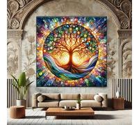 XINBAO Arte mural en mosaico del Árbol de la Vida, lienzo estilo vitral, pintura zen, arte floral, decoración espiritual para el hogar, pósteres impresos (65 x 65 cm/sin marco)