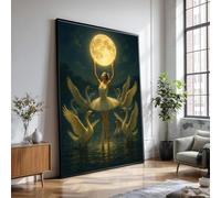 XINBAO Bailarina con cisnes, lienzo de luna llena, elegante escena de baile, decoración de pared nocturna mística, impresiones de ballet (60 x 80 cm/marco interior)