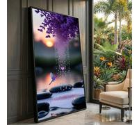 XINBAO Colibrí morado con cascada de corazón, lienzo de flor de lavanda, arte mural romántico, decoración de jardín zen, pintura de atardecer (70 x 110 cm/sin marco)