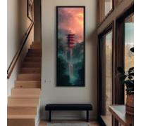 XINBAO Cuadro alto y estrecho con diseño de templo, lienzo vertical largo de fantasía, decoración de templo rojo delgado, impresión de paisaje brumoso, imagen de bosque (35x105cm/marco interior)