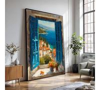 XINBAO Cuadro con vista costera, contraventanas azules, arte mural de un pueblo costero, lienzo con paisaje soleado, decoración floral de bodegón (70 x 100 cm/marco interior)