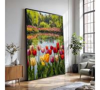 XINBAO Cuadro de flores, arte mural floral primaveral, flores coloridas junto a un estanque, lienzo de paisaje natural, mural decorativo para el hogar (30 x 40 cm/sin marco)