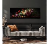 XINBAO Cuadro de naturaleza muerta floral oscura, arte mural vintage sobre lienzo, lienzo panorámico enmarcado, impresión grande y estrecha para dormitorio (60x180cm/marco interior)