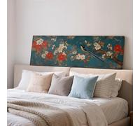 XINBAO Impresión de pájaro japonés vintage, lienzo panorámico, arte mural chinoiserie horizontal alargado, pintura de flores en verde azulado y rojo, ultra ancha (55 x 110 cm/marco interior)
