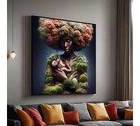 XINBAO Lienzo con abrazo de madre e hijo, arte surrealista de cabello de bosque, arte mural de mujer africana, retrato familiar botánico (20 x 20 cm/marco interior)