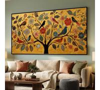 XINBAO Lienzo con el Árbol de la Vida, pájaros coloridos y arte floral, pan de oro - Cuadro grande para pared, ideal para la decoración del hogar (80 x 140 cm, sin marco).