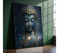 XINBAO Lienzo con rostro sereno de Buda, arte mural de Buda azul y dorado, decoración para meditación espiritual, lienzo zen, pintura para decoración del hogar (80x120cm/marco interior)