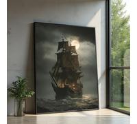 XINBAO Lienzo de barco, escena de navegación en el mar con luna llena, lienzo de noche oceánica, decoración náutica, pintura con ilustración de barco vintage (40 x 60 cm/marco interior)