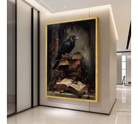 XINBAO Lienzo de cuervo místico sobre libros antiguos, arte gótico oscuro, decoración de pared con literatura vintage, cuadros de bodegones melancólicos (70 x 100 cm/sin marco)