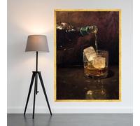 XINBAO Lienzo decorativo con whisky vertido, bebida con cubitos de hielo, decoración de bar, pósteres realistas de bebidas alcohólicas (60 x 90 cm/marco interior)