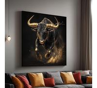 XINBAO Lienzo decorativo de un majestuoso toro al ataque, retrato de animal con cuernos dorados, decoración de vida silvestre, listo para colgar (70 x 70 cm/sin marco)