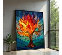 XINBAO Lienzo del Árbol de la Vida, arte mural estilo vitral, decoración natural colorida, pintura botánica, impresión para sala de estar (50 x 75 cm/marco interior)