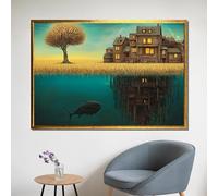 XINBAO Lienzo surrealista con vista dividida de un árbol y un pueblo submarino: arte mural de ensueño para pósteres de amor, naturaleza y fantasía (30 x 40 cm/marco interior)