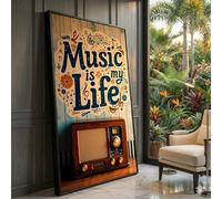 XINBAO Lienzo vintage Radio y la música es mi vida, arte de pared retro, decoración para amantes de la música, cuadro con cita musical, decoración para el hogar (60 x 105 cm/marco interior)
