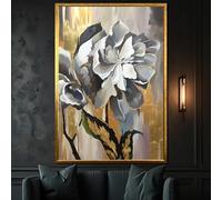 XINBAO Lujosa pintura floral en lienzo dorado y gris: arte mural floral para una decoración sofisticada de hogar y oficina, pósteres e impresiones (40 x 60 cm/marco interior)